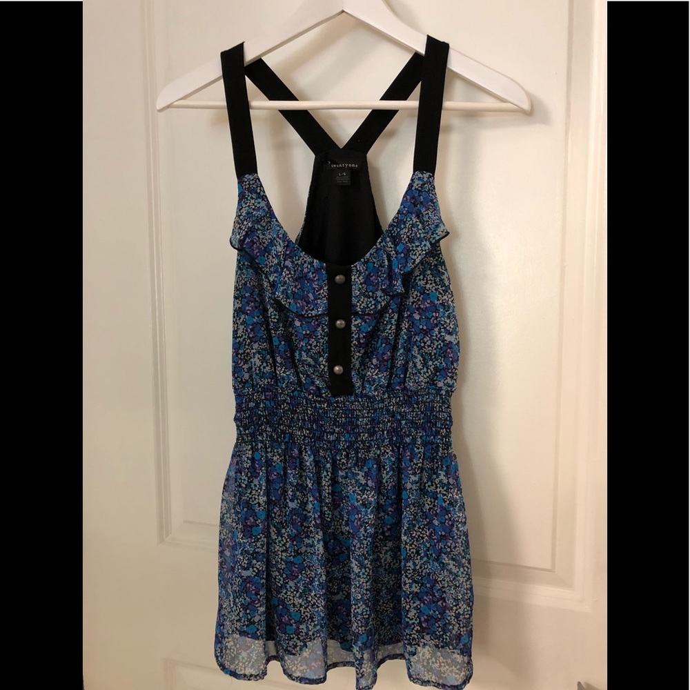 Forever 21 Floral Top Blouse Blue Large L